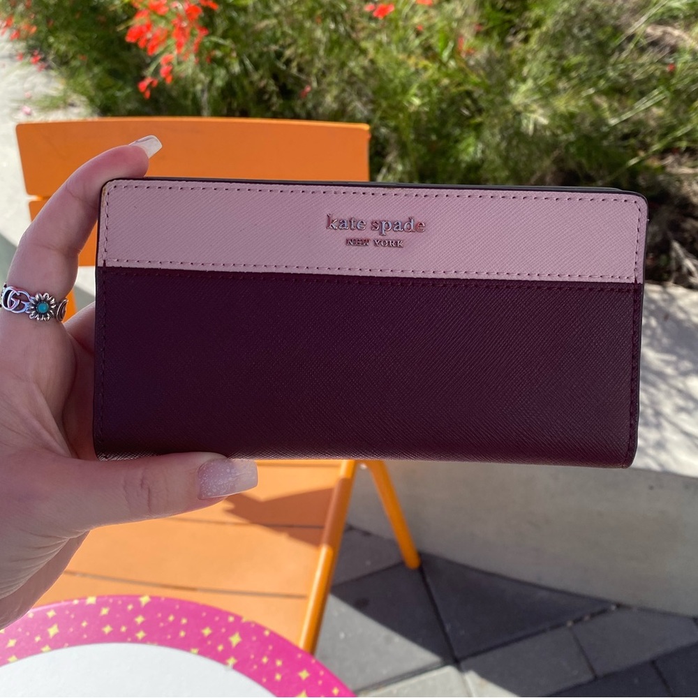 Kate Spade Pink & Purple Saffiano Leather Silver Metal Logo Snap Wallet